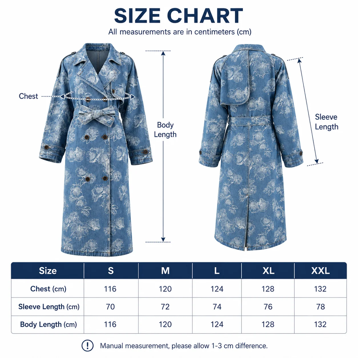 Floral print Denim Femme X-Long Customized Jackets for Women With Belt Blue Cotton Heavy Denim Female