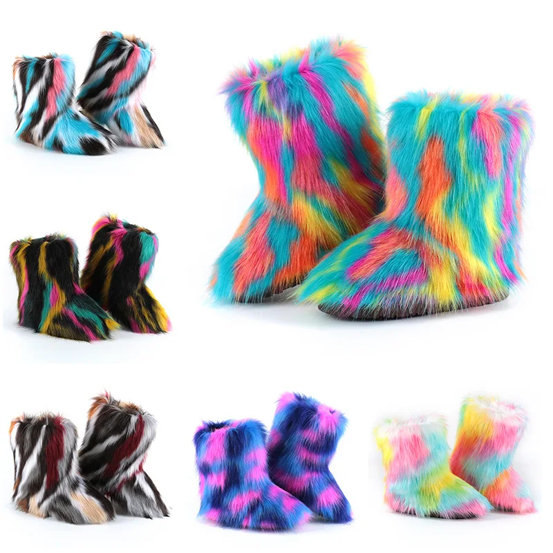 Snow Boots Ladies Plush Boots Female Warm Luxury Footwear Furry Cotton Shoes 2024 Women's Fluffy Faux Fox Fur Winter Adult OEM