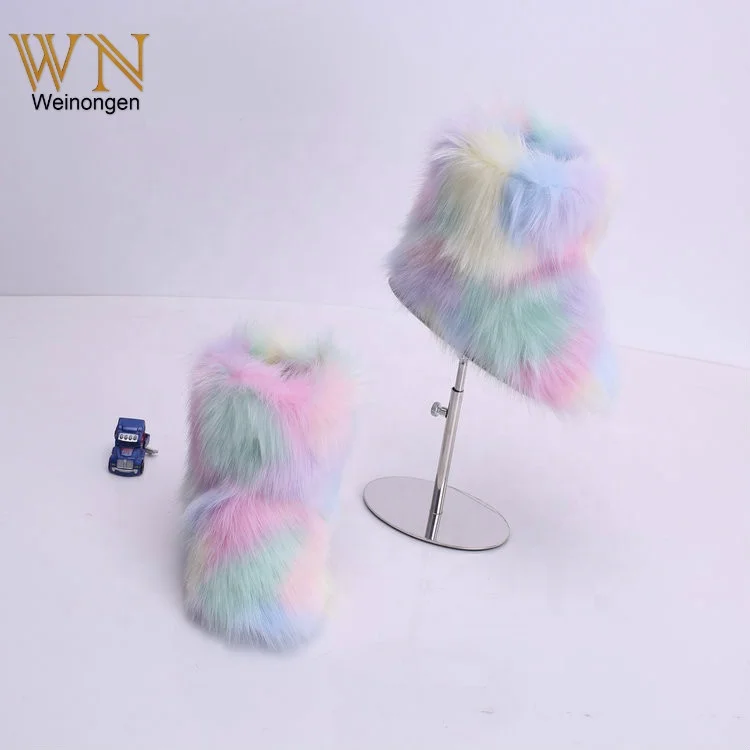 2021 зимняя пушистая Радужная обувь, Радужный Теплый Женский комплект сумок, меховые сапоги и подходящие повязки на голову, кошелек, кошельки, сумочки, сумочка