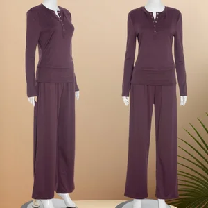 Viviblook J25ST267 New Outfits Autumn Loungewear Women Sets Loose Button Down Long Sleeves and Wide Leg Pants Set for Women