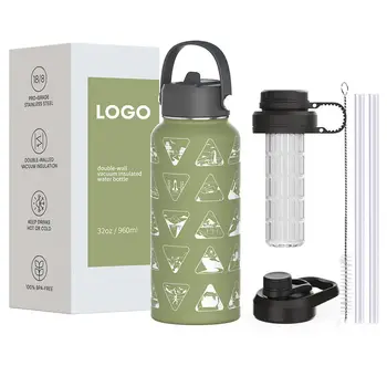 Custom Print Wide Mouth Double Wall Vacuum Insulated Stainless Steel Leakproof Sports Water Bottle With Straw Lid Handle
