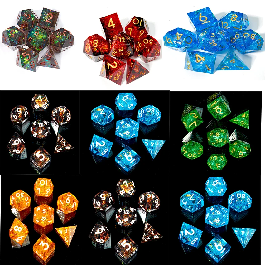 Dnd Dice With Sparkling Blue Gold Numbers Polyhedron Gem Dice Set 7