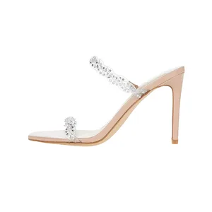 Summer New Crystal Rhinestone Square Peep Toe Ladies High Heeled Slippers for Women Wedding Party Evening Dress Shoes Wholesale