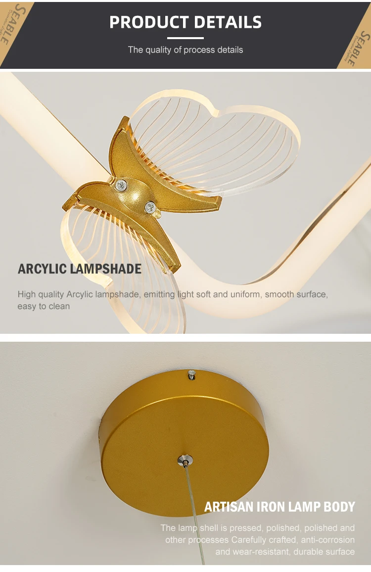 Simple Hanging Decoration Indoor Bedroom Black Gold White Iron Acrylic Modern LED Chandelier Light