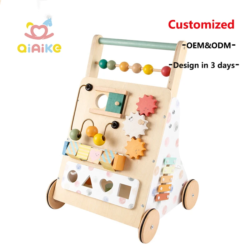 Qiaike Custom Montessori Activity Push Walker Push Cart Toys Educational Learning Wooden Baby Walker with Adjustable Speed