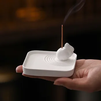 White Square Modern Ceramic Incense Stick Holder with Ash Tray Catcher