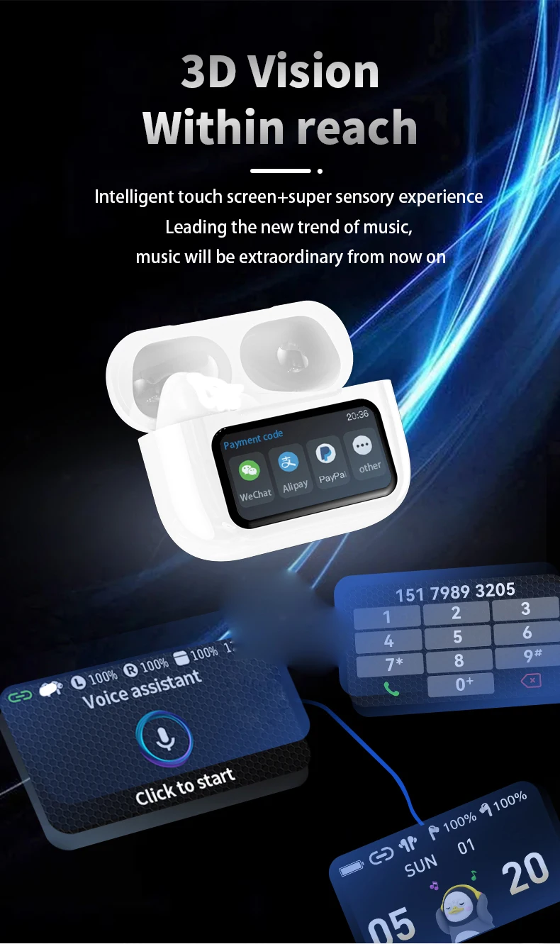 Upgrade A9 Pro APP Colorful Touch Screen Bluetooth ANC ENC GPS Active Noise Cancellation TWS Ultra Long Battery Life Earbuds