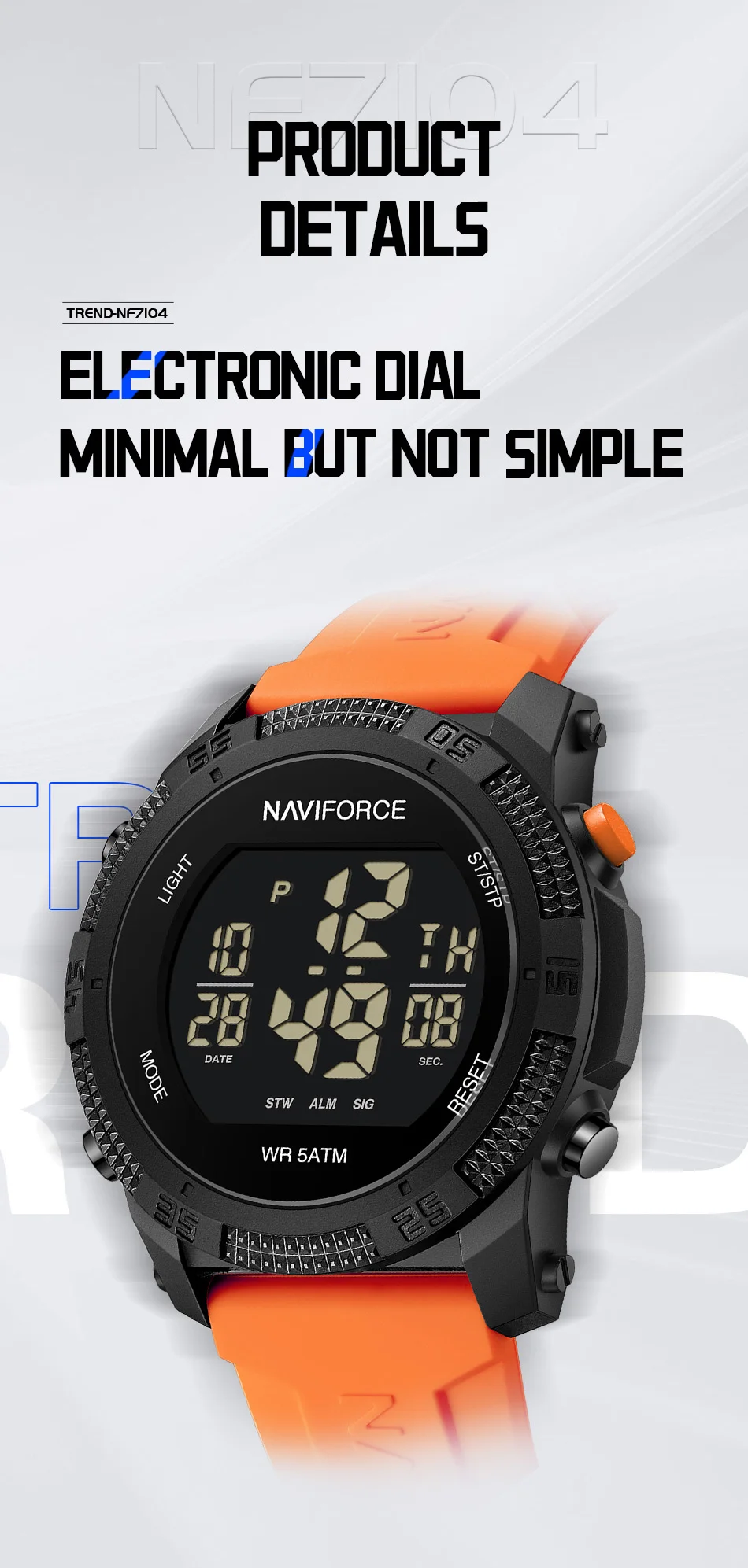 Original NAVIFORCE 7104 Digital Watch Men Sport Chronograph Wristwatch Date Stopwatch Waterproof  Male Electronic Clock