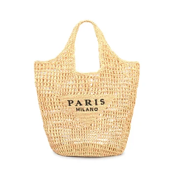 2023 Hand-woven fashion hollow out handbag custom summer mesh straw tote bag paper straw beach bag for women