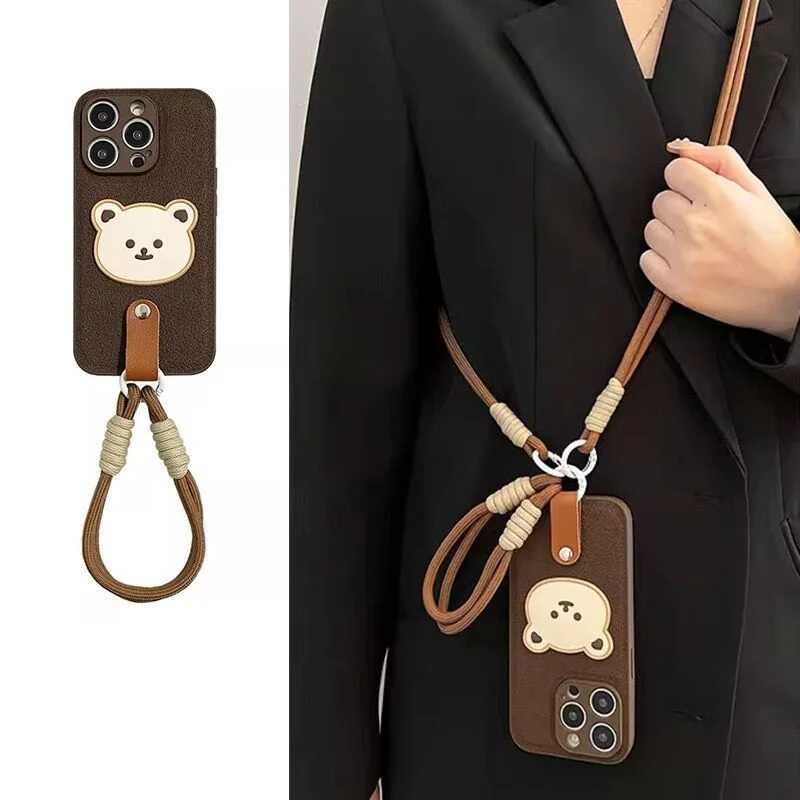 New Autumn/Winter Faux Fur Mobile Phone Case For iPhone 11 12 13 14 15 Pro Max Plus Bear Design with Crossbody Strap For iPhone