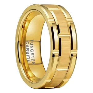 Coolstyle Jewelry 8mm Gold Tungsten Ring for Men Women Engagement Promise Wedding Band Brick Pattern Brushed Finish Comfort Fit