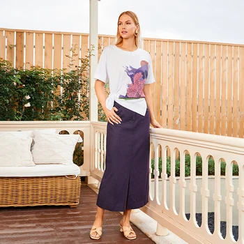 Factory customized summer women's two-piece set, women's handmade printed top, and denim long skirt