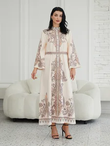 Clothing Manufacturer New Women's Dress Middle East Court Style Stand-up Collar Printed Retro Muslim Women Elegant Dress Abaya