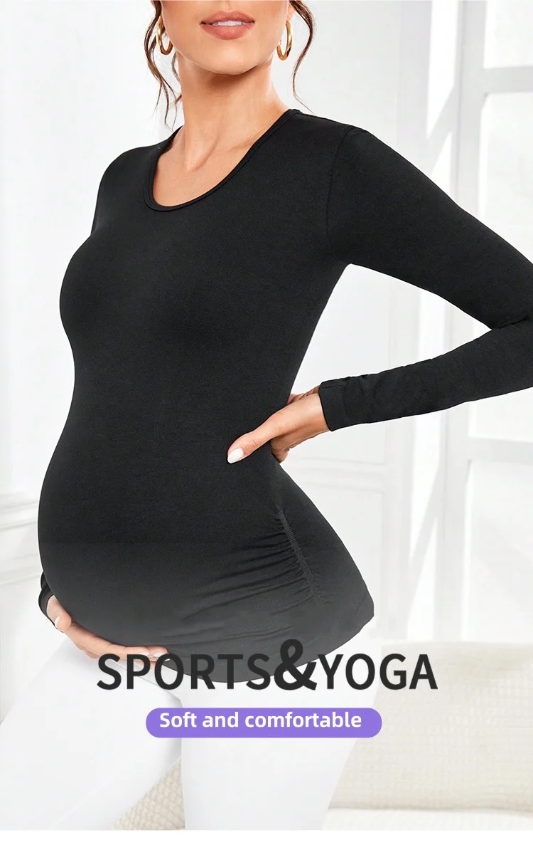 product high quality seamless high stretch maternity clothing sports tops casual style solid color long sleeve t shirt pregnant woman-53