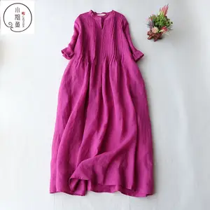 Wholesale V-neck Solid Color Fashion Cotton Casual Three-quarter Sleeves Summer New 2026 Korean Style Women's Dress