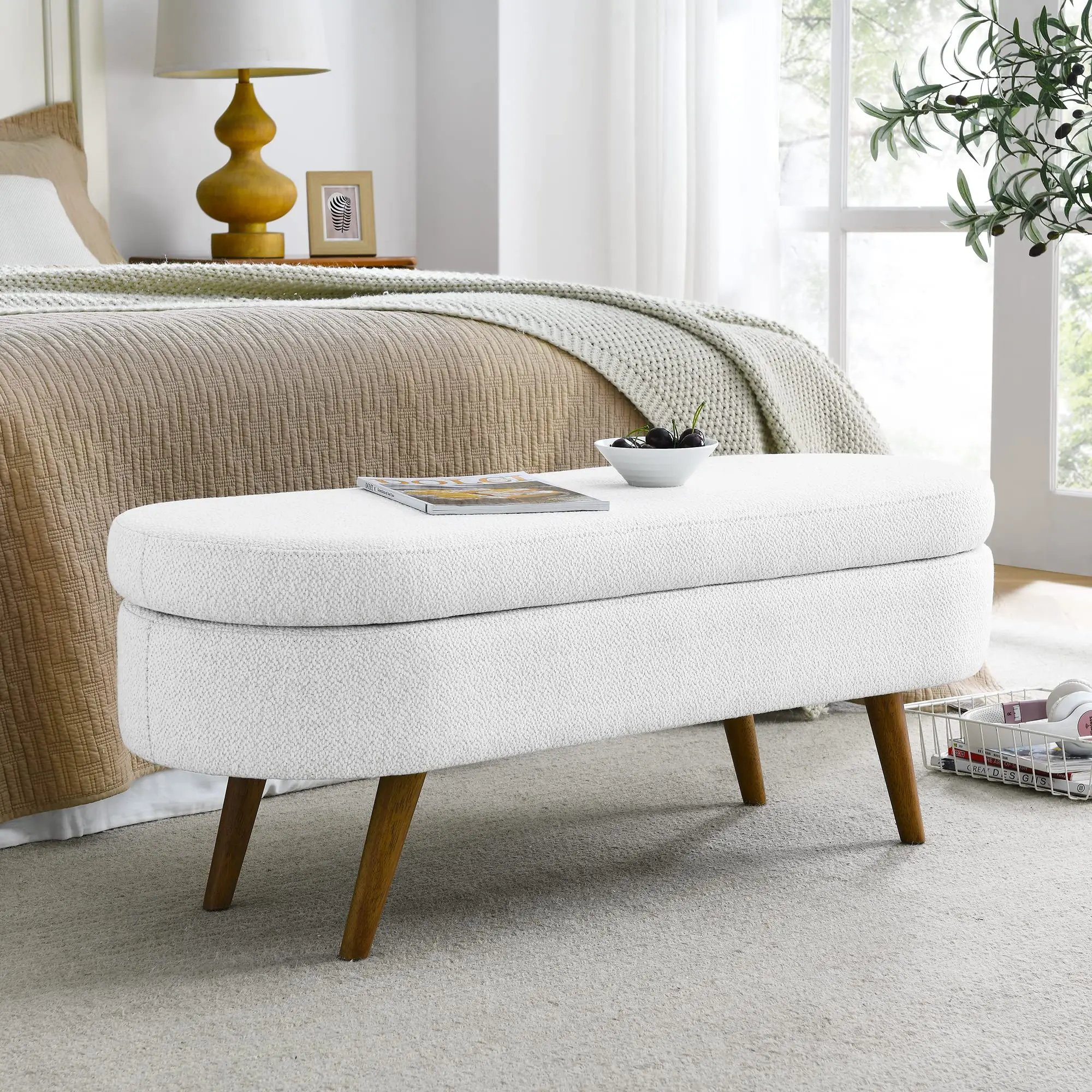 Oval Storage Bench Upholstered Ottoman with Hinges for Living Room