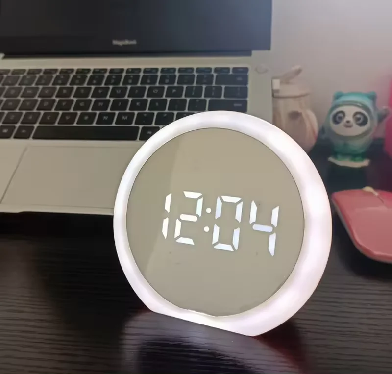 Funny Electronic Clock Round Mirror Surface Rechargeable White LED Jumbo Display Home Alarm Clock