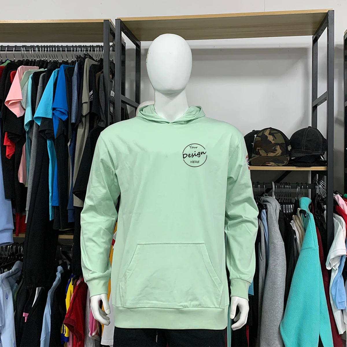 Wholesale Printed Regular Fit Casual Ribbed Hem Tshirt Hoody Men Long Sleeve T Shirt with Hoodie Cotton