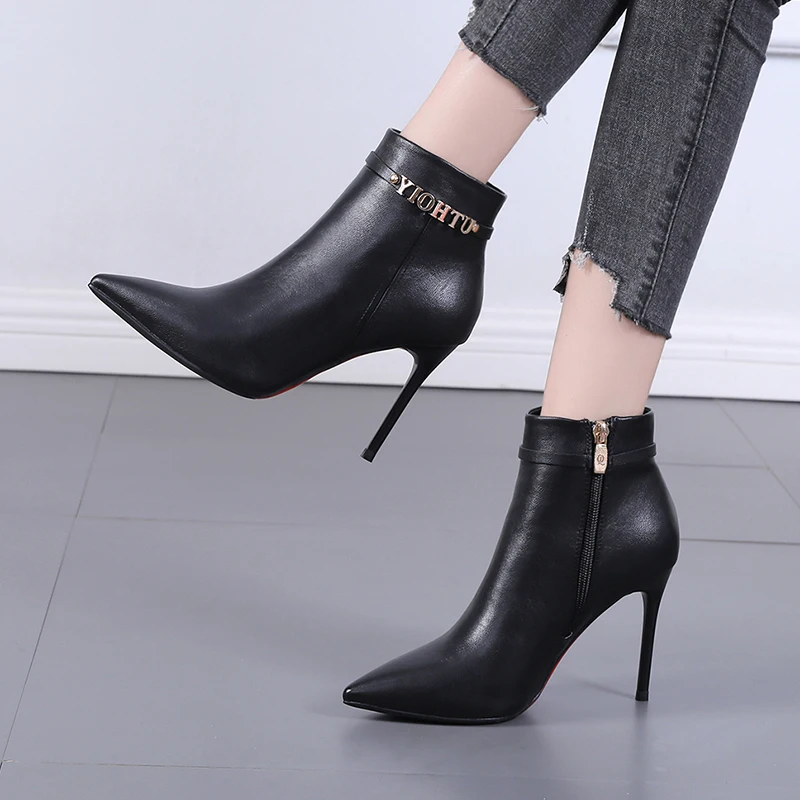 New Winter Autumn Black Stiletto Boot Leather Pointed Toe Ladies