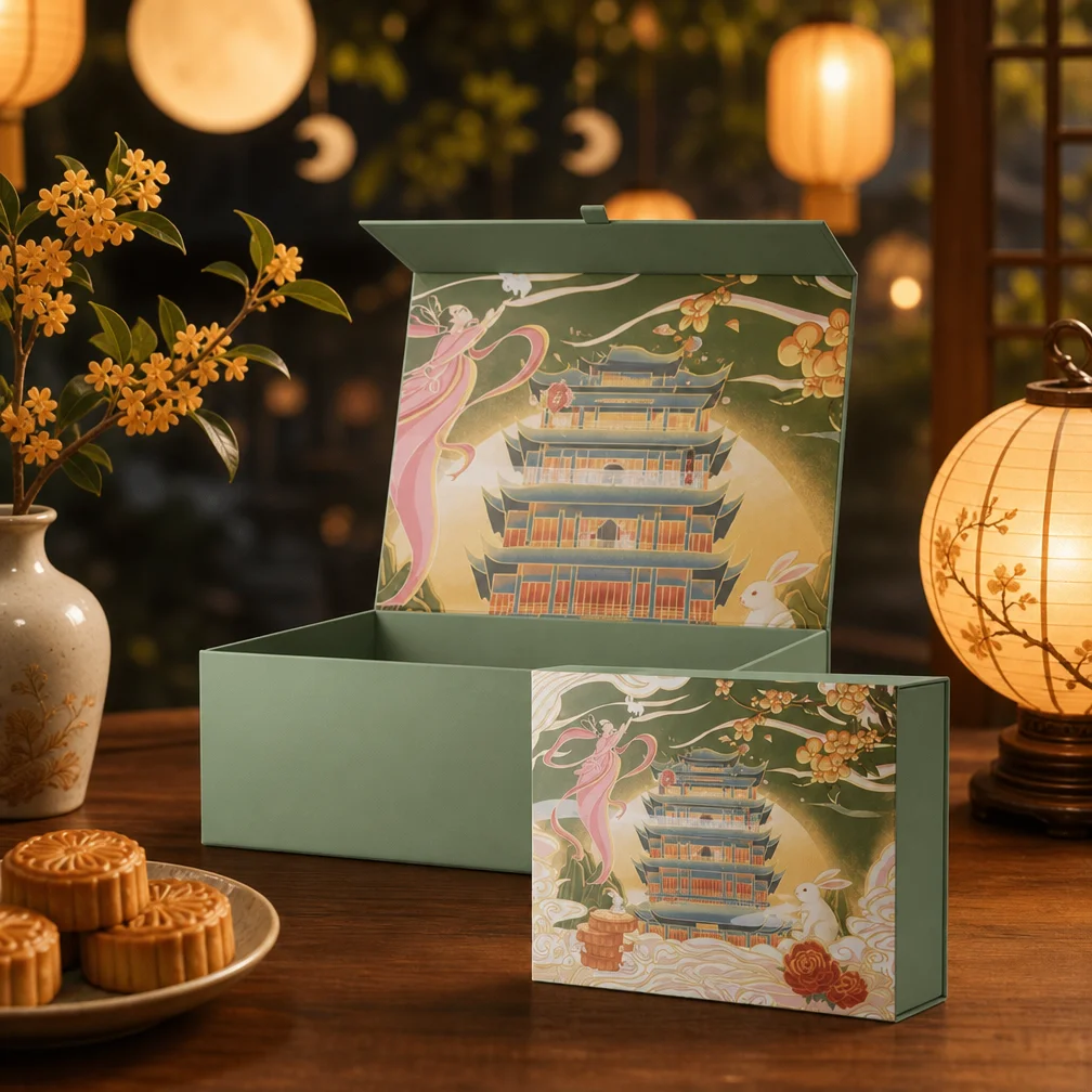 Op maat gemaakte magnetische maanpannen-cadeaudoos | Vouwdoos met Chinees traditioneel feestontwerp, op maat bedrukt, groothandel, OEM, levering vanaf fabriek