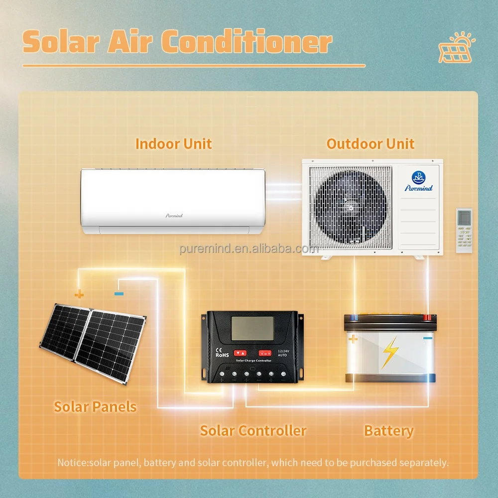 Puremind Solar Air Conditioner Off Grid 9000Btu 12000Btu Solar Powered Air Conditioning System Inverter Cooling Heating Wifi App
