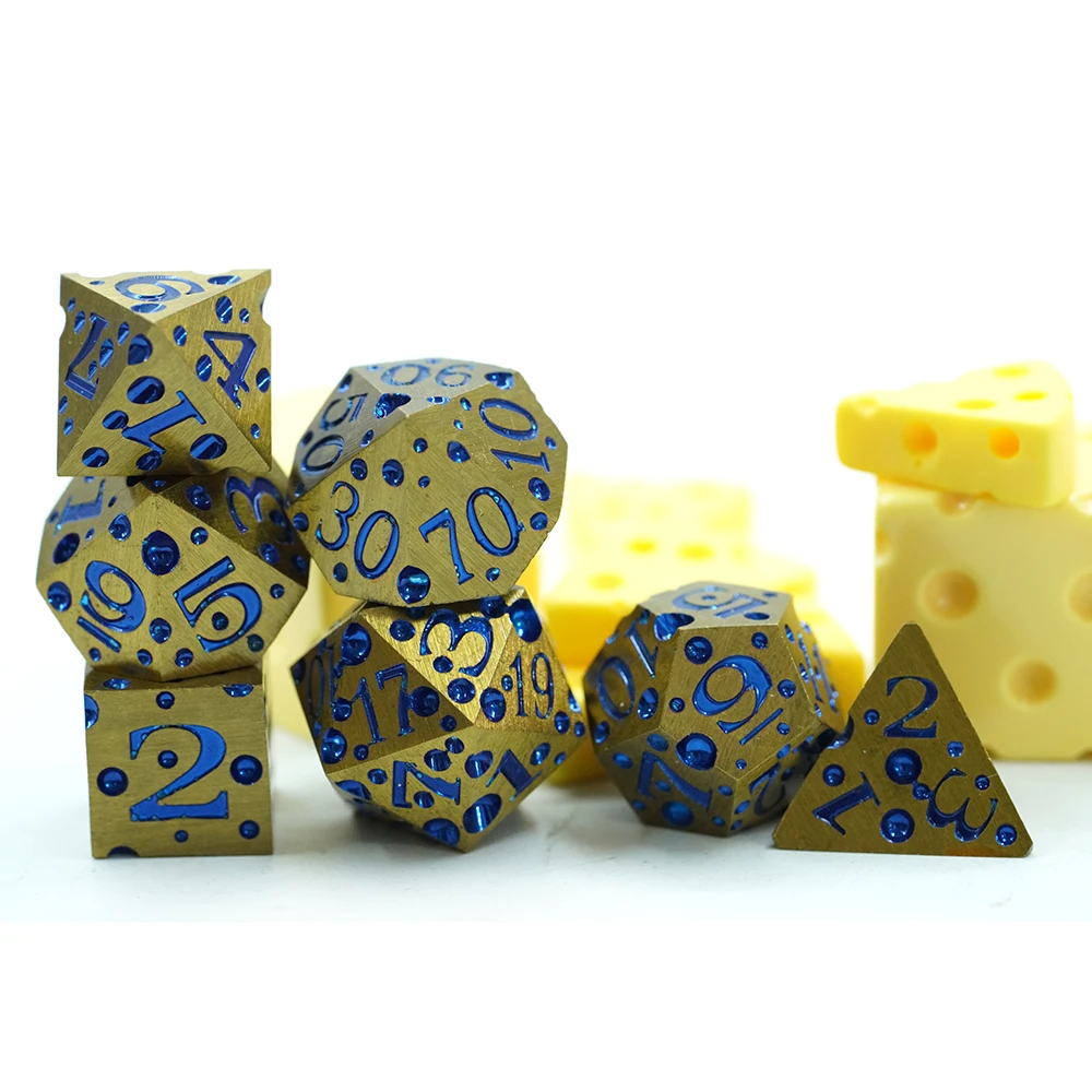 Conjunt de 7 daus de coure metàl·lic de 16 mm amb punts blaus de formatge per a jocs TTRPG DND i entreteniment