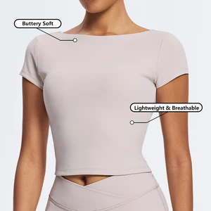 High Quality Breathable Workout Top Women's T-shirts Hollow Back Yoga Crop Top  Sports Fitness Tight Short Sleeve Open Back Tee