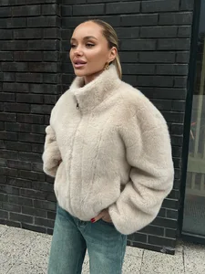 Cross-border Vintage Stand Collar Plush Polyester Fiber Poncho Coat Europe United States Autumn Winter New Warm Women