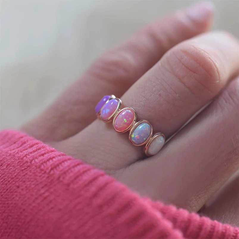 Gemnel Oval Opal Ombre Candy Band 18K Gold Plated 925 Sterling Silver Rings Women Custom Fine Jewelry