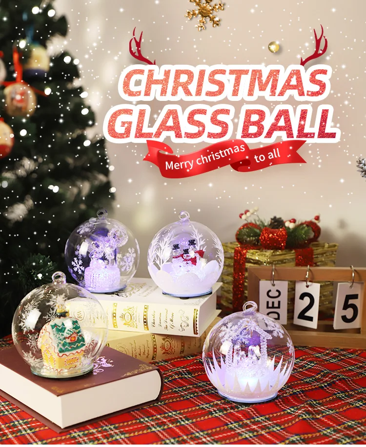 Wholesale Custom Christmas Tree Ornament Led Warm Lighting Glass Cloche With Slim Christmas world for Home Decoration supplier