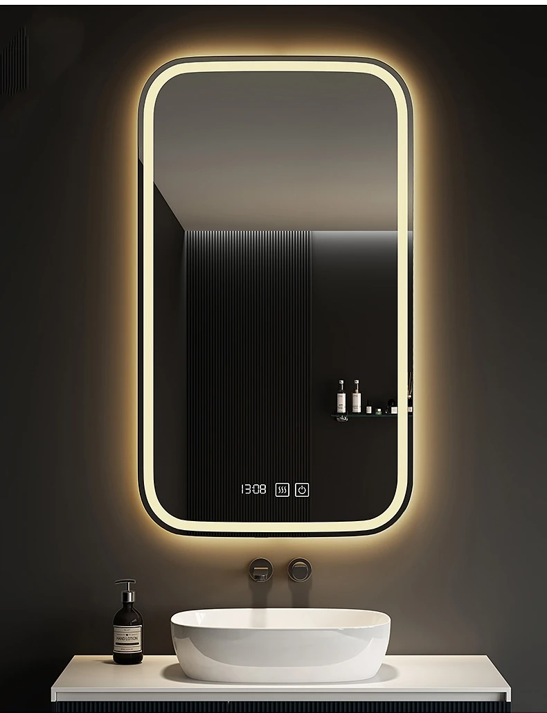 product custom fancy smart led waterproof rectangle wall mounted mirrors hotel led bathroom mirrors with time for hotel-0