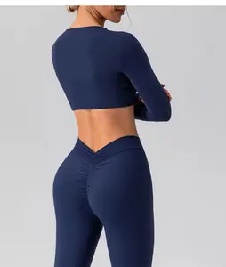 Custom Ropa Deportiva Mujer Front Twist Long Sleeve Crop Top Yoga Sets Gym Activewear Workout Fitness Sets