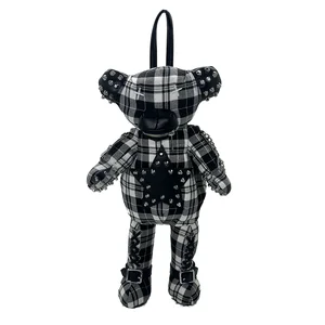 Customized 3D Plush Cartoon Bag Black Plaid Punk Bear Backpack BTS Bag Punk Star Patch Leather Bag