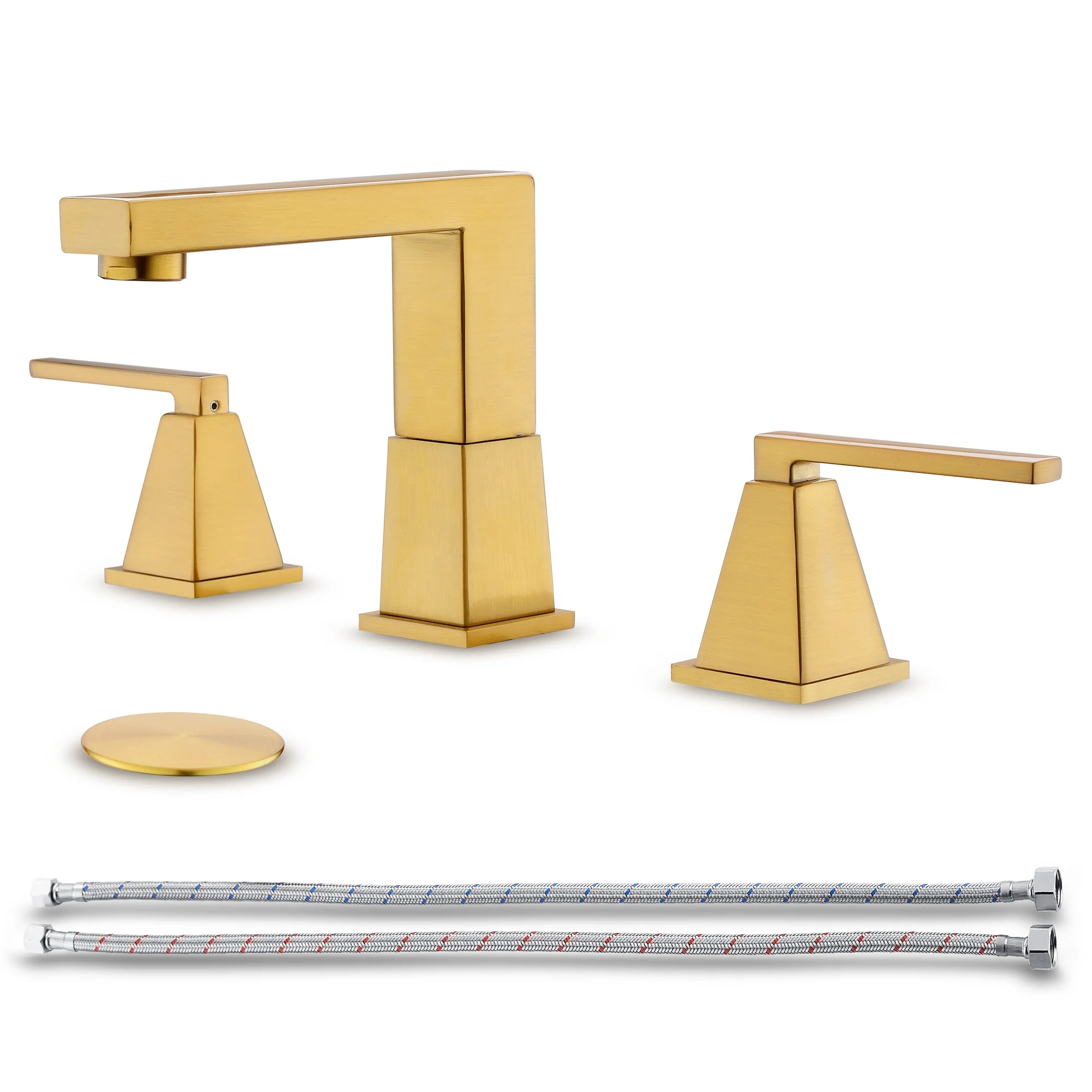 Brushed Gold 304 Stainless Steel Widespread Bathroom Faucet 3 Hole Double Handle Zinc Alloy Mixer Tap with Drain