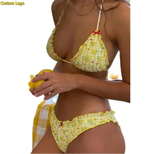 Custom Wholesale Floral Print Bathing Suit Sexy Push up Swimwear Women Solid Bathing Suit Summer Beachwear High Cut Swimsuit