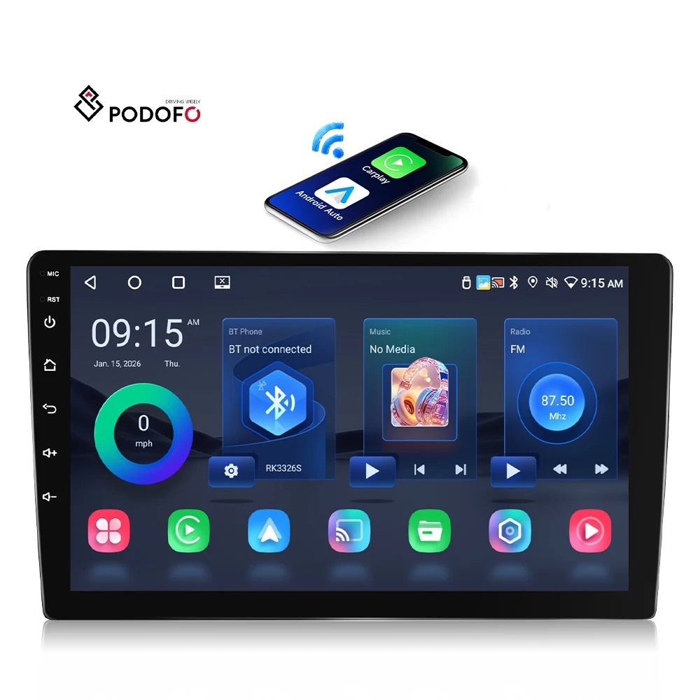 Podofo 9-inch Android Car Stereo Car Audio 2 Din Android Car Radio Wireless CarPlay Android Auto WiFi/GPS/EQ BT Wholesale OEM A4576