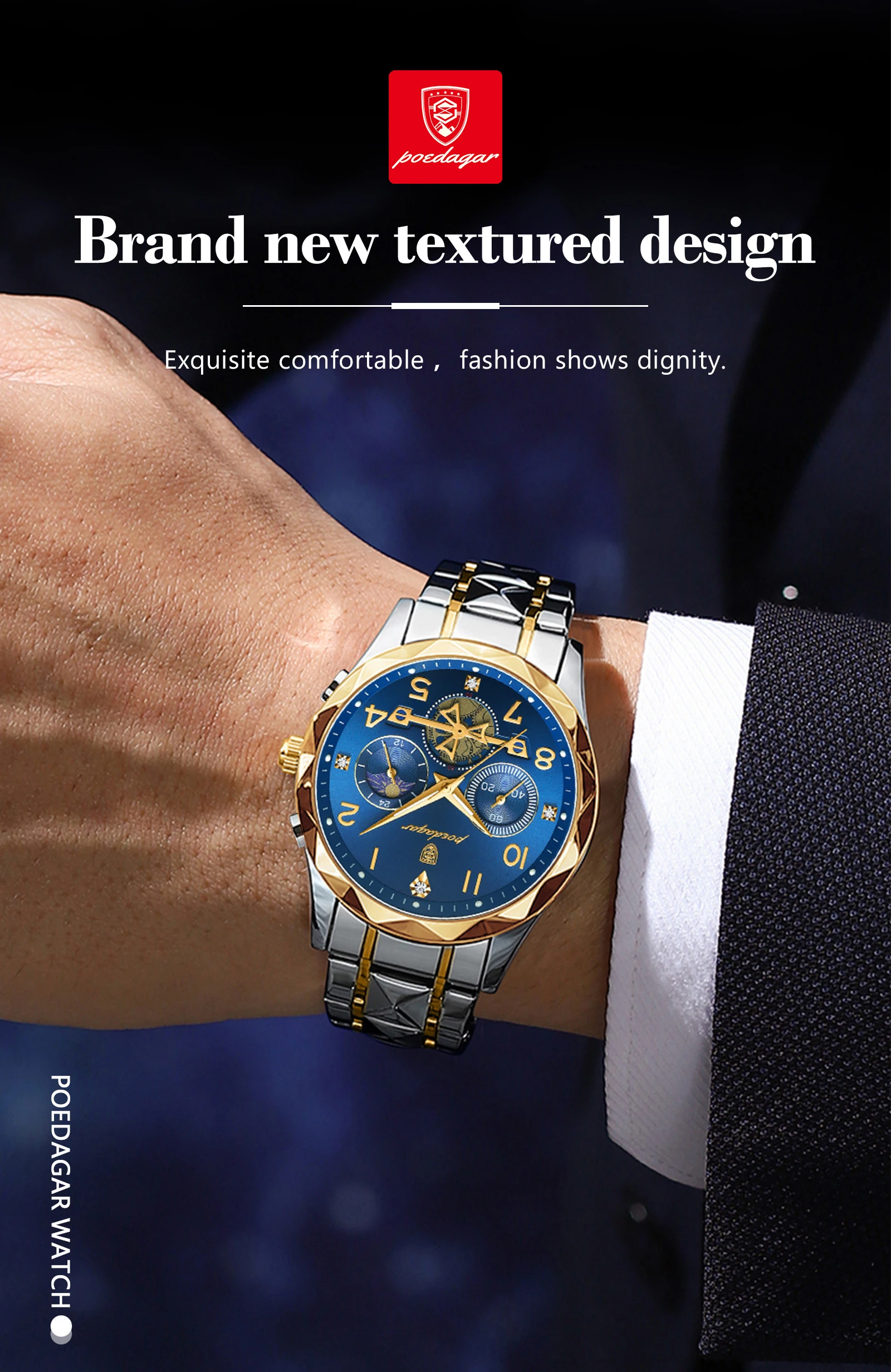 Poedagar 972黄金奢华商务手表防水计时夜光手时尚休闲男士手表Montre Relojes