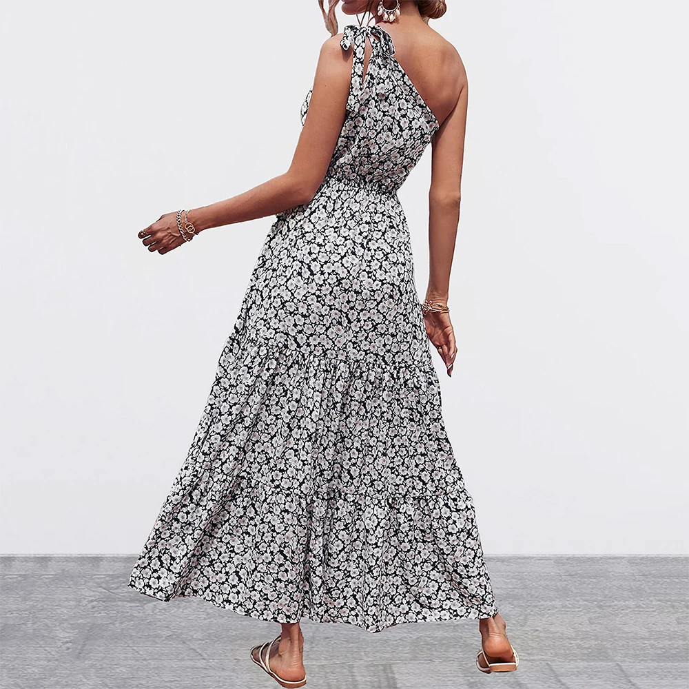 Factory Women's Summer Floral Maxi Chiffon Dress Knot One Shoulder Sleeveless Ruffle Flowy Boho Beach Wedding Guest Dresses Factory Women's Summer Floral Maxi Chiffon Dress Knot One Shoulder Sleeveless Ruffle Flowy Boho Beach Wedding Guest Dresses