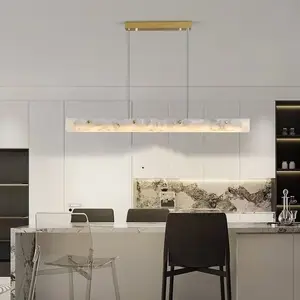 Modern Linear Marble Pendant Light Spanish Alabaster Rectangular Chandelier for Kitchen Dining