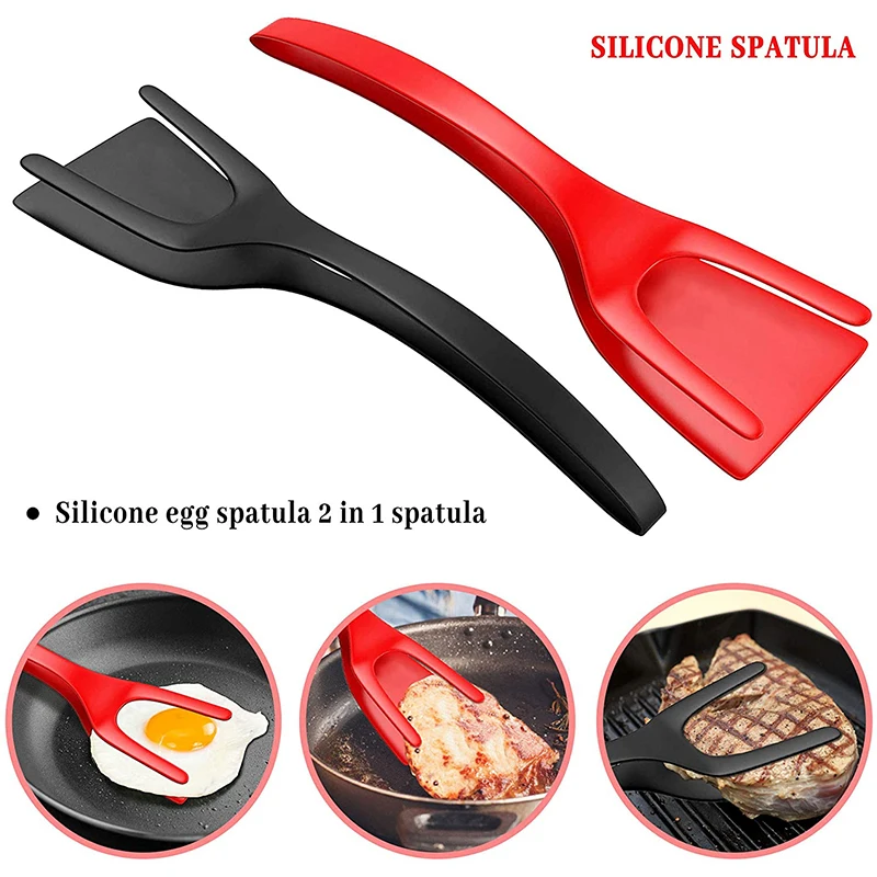 2 in 1 Non Stick Grip Flipper Pancake Fried Egg Spatula Clamp Turner Tong  Toast