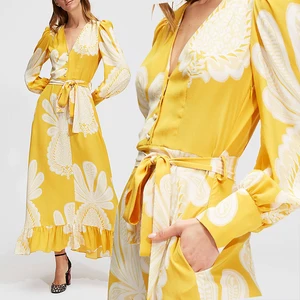 Manufacturer Designer Cotton Robe Yellow Beach Floral Maxi Dresses Women Wholesale Custom Boho Puff Sleeve Dress