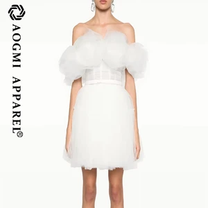 Haute Couture Fashion Ladies Comfortable Fabric Breathable Simple Mid-Length A-Line Club Off-the-Shoulder Lace Flowers Dress