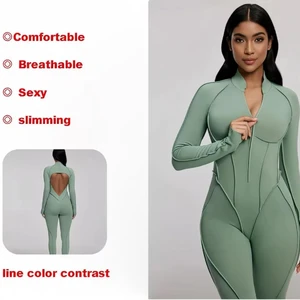 One Piece Workout Bodysuit Backless Sports Romper Zippered Front Breathable Gym Fitness Jumpsuit for Women Yoga Jumpsuit