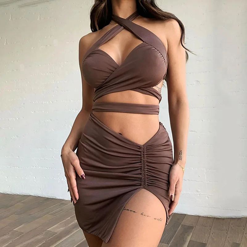 Women Backless Bodycon Two Piece Skirt Set Suits 2 Pieces Cross Halter Bandage Tops and Side Split Pleated Short Skirt Sets