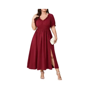 Women's Plus Size Summer Formal Maxi Dress V Neck Puff Short Sleeve Slit Anti-Static Chiffon Lace Ball Gown for Wedding Guests