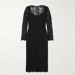 Clothing Manufacturer Custom Spring Summer Black square Neck Long Sleeve Elegant Casual Women Corded Lace Midi Dress