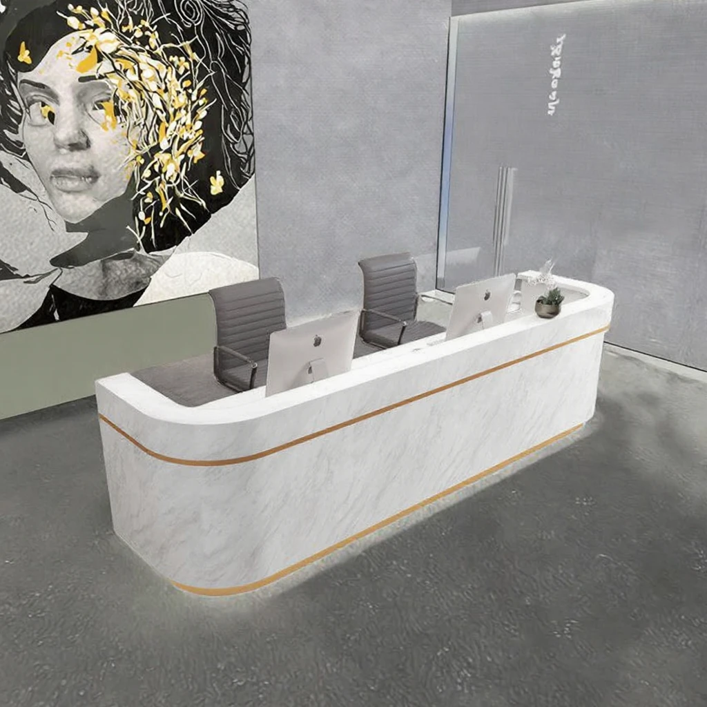 Best Sale High Quality Gold White Light Luxury Nail Salon Reception Counter Desk Furniture Salon Bar Counter for Commercial Use 2