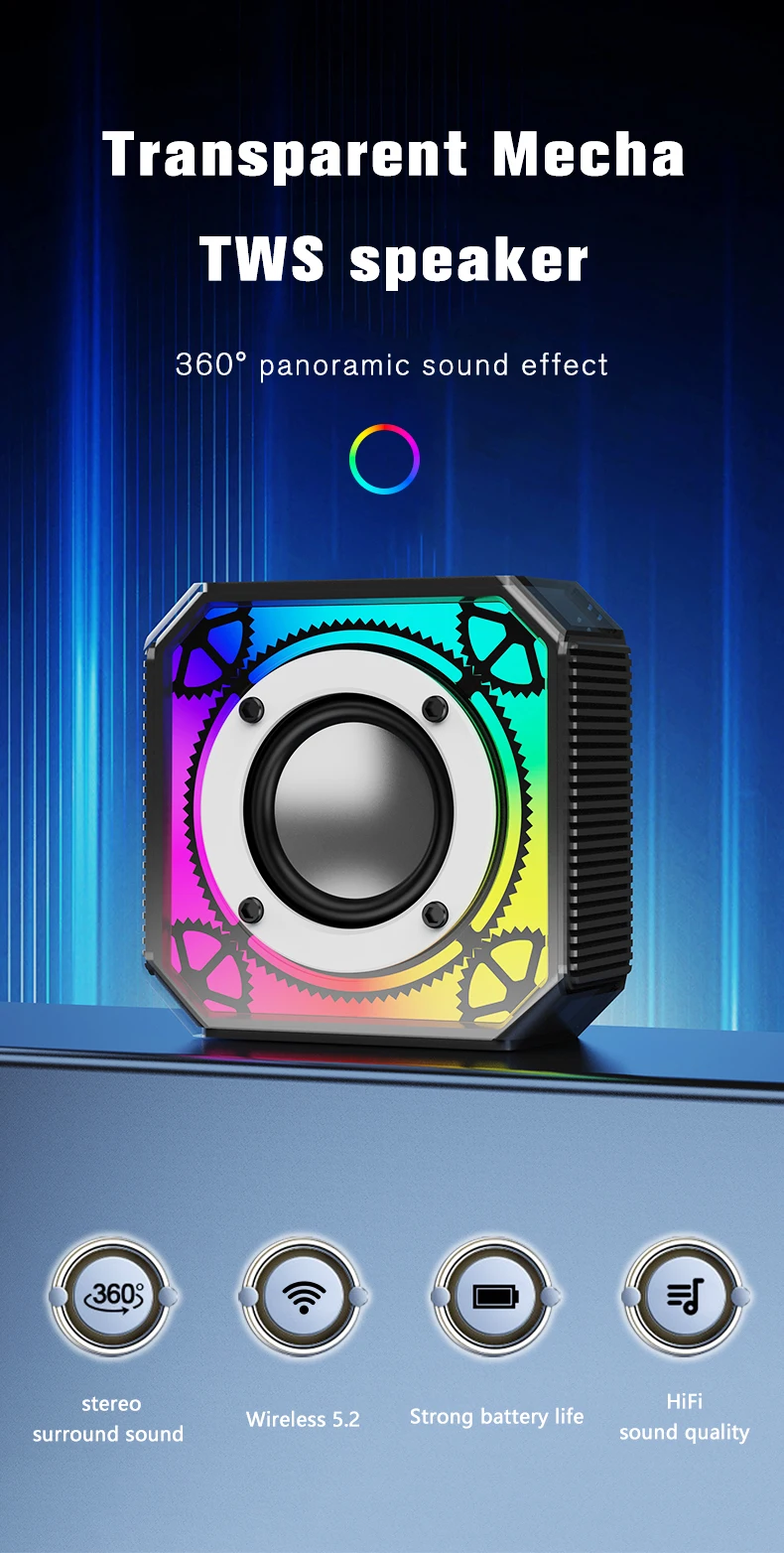 Portable Wireless Speaker with RGB LED Lights 5W Output Power Loud Stereo Sound Supports TWS FM Radio TF Card Home Outdoor Use