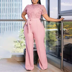 Quality Fashion Summer Loose Jumpsuit Puffy Long Sleeve Lace See Through Wide Leg Women Jumpsuits