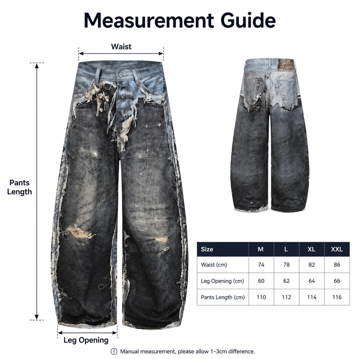 Men's Autumn Denim Printed Heavyweight Washed Knife Pants High Street Style Wide Leg Jeans